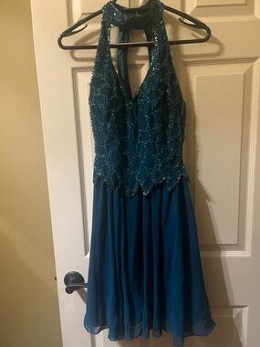 Teal Beaded Halter A-Line Prom Dress
